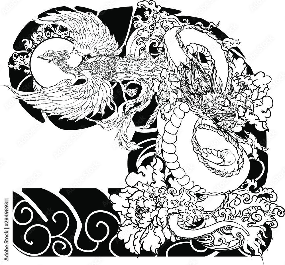 Vecteur Stock Japanese Tattoo design full back body.The Dragon and Phoenix  fire bird with Peach juice and peony flower,cherry blossom,peach blossom on  cloud background.Phoenix Fire bird with Old Dragon vector. | Adobe