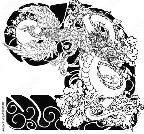 Japanese Tattoo design full back body.The Dragon and Phoenix fire bird with Peach juice and peony flower,cherry blossom,peach blossom on cloud background.Phoenix Fire bird with Old Dragon vector.