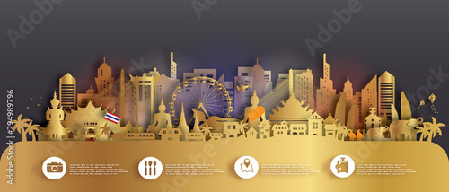 Thailand Travel postcard panorama, poster, tour advertising of world famous landmarks.