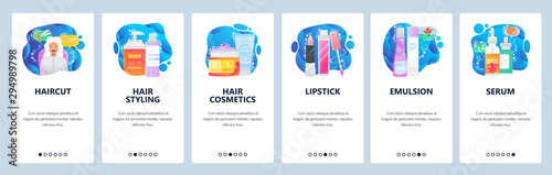 Cosmetics website and mobile app onboarding screens vector template