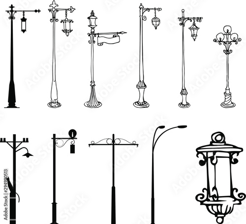 set of silhouettes and outlines of street lamp posts vector illustration isolated on white background