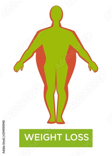 Weight loss concept with human body silhouette showing mass reduction