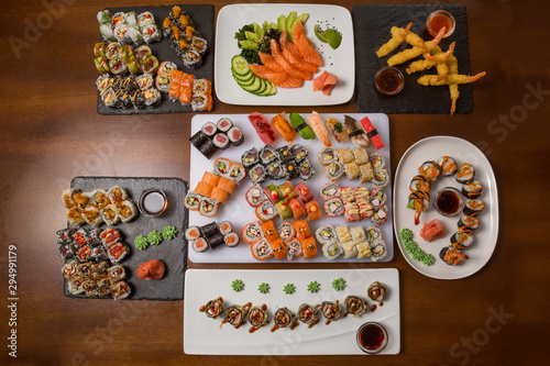 Sushi set served on restaurant table