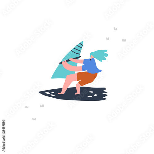 Windsurfing sport, active rest flat vector illustration. Woman riding surf on ocean waves cartoon character. Water sport activity, summer leisure. Summertime resort concept for t shirt print