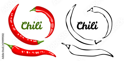 Vector illustration of red chilli pepper Isolated on white background. Black and white outline icon and color image of vegetable in cartoon simple flat style. 