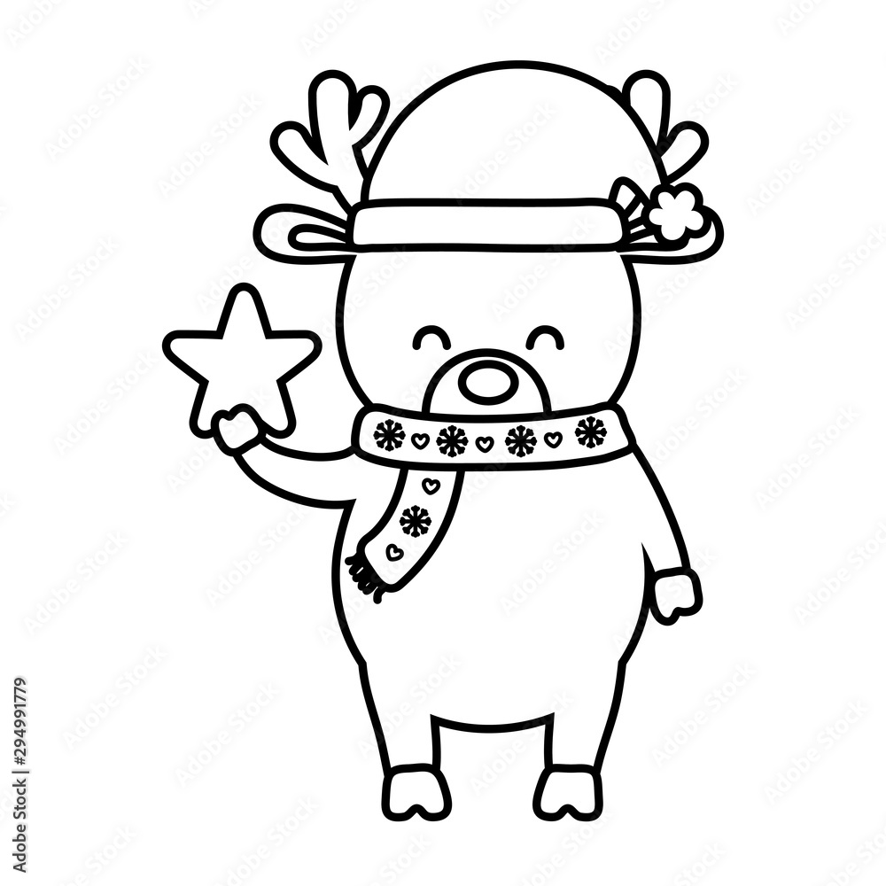 reindeer with scarf and hat star decoration merry christmas line style