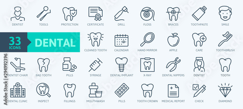 Dental clinic elements - thin line web icon set. Outline icons collection. Simple vector illustration.