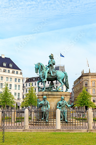 Copenhagen, Denmark. Equestrian statue, King Christian V - The first statue was installed on the square in 1688. In 1946, the lead statue was replaced with an exact bronze copy