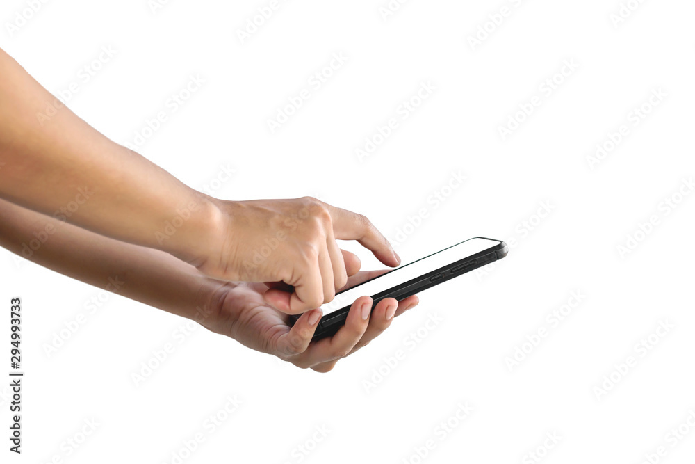Human hand holding a smart phone black screen white Isolated on white background Human hand holding a smart phone black screen white Isolated on white background
