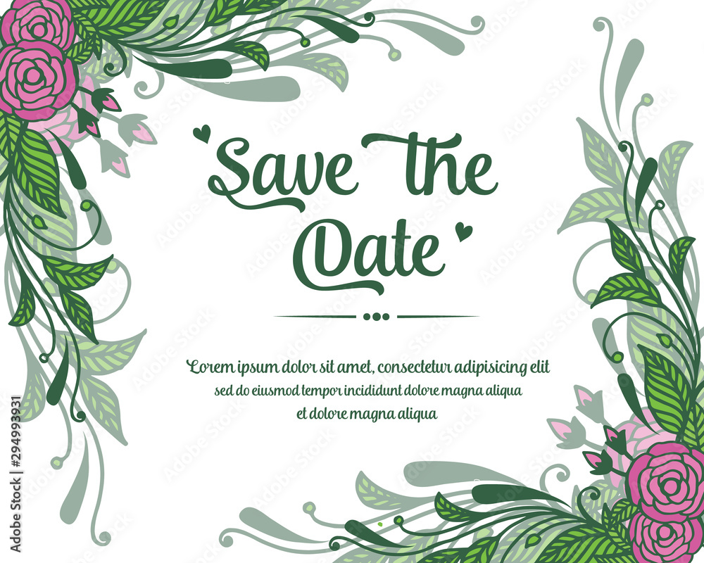 Greeting card save the date, with nature pink rose flower frame. Vector