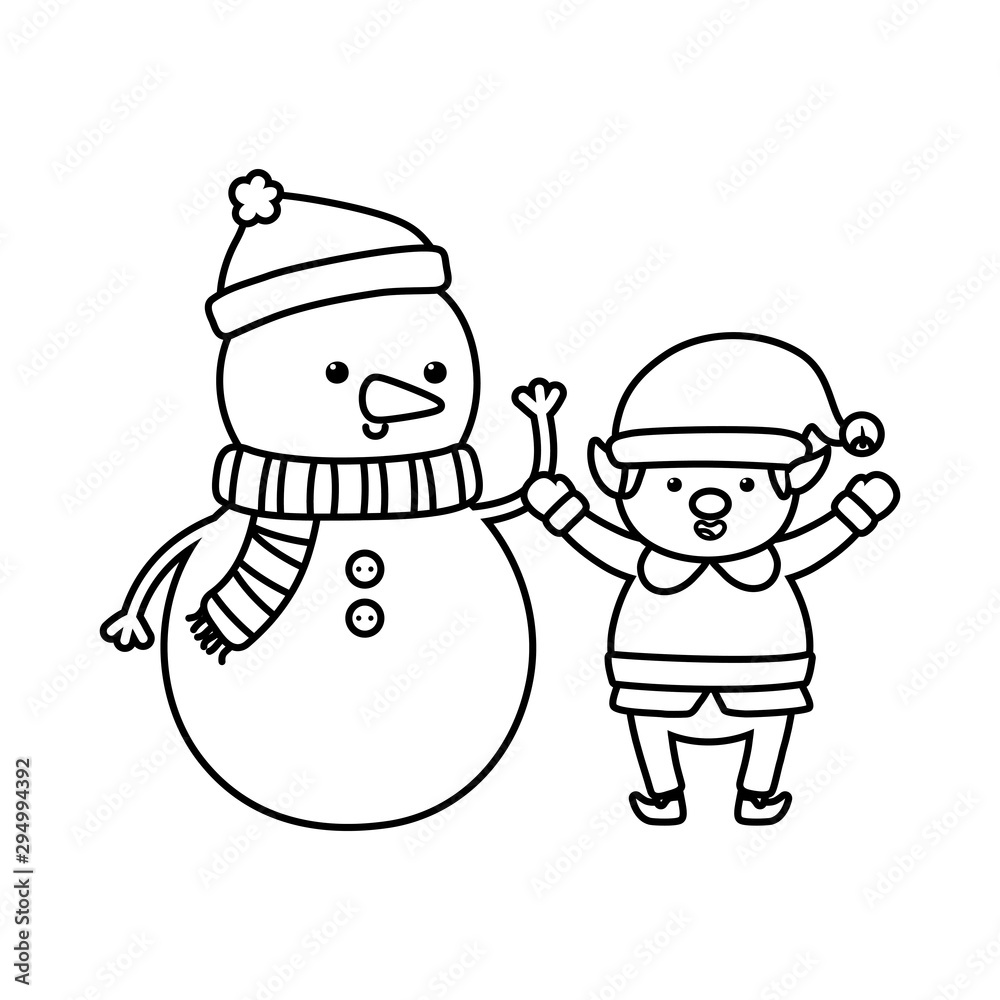 snowman and elf holding hands decoration merry christmas line style