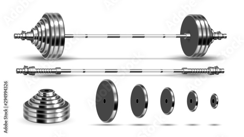 Barbells Bodybuilding Collapsible Kit Set Vector. Glossy Grey Metal Barbells, Weights Plates Sport Equipment Details For Strong Muscles. Powerlifting Template Realistic 3d Illustrations