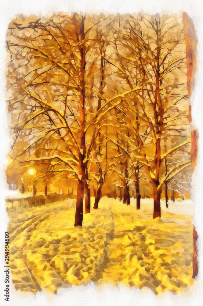 Winter watercolor cityscape.  Digital painting - illustration.