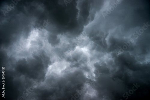 Dark sky and dramatic black cloud before rain.A tropical cyclone is a rapidly rotating storm system characterized by a low-pressure center, a closed low-level atmospheric circulation, strong winds. photo