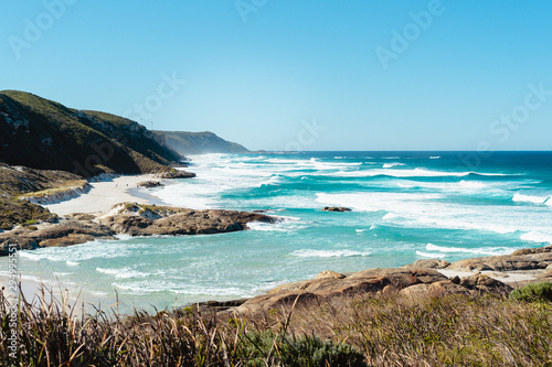 Beautiful landscape photo of the South Australian coastal landscape. Beautiful coastline with rocks, cliffs, foliage and rough waves