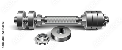 Dumbbell Sportive Collapsible Kit Equipment Vector. Grey Metallic Barbell, Weights Discs And Nuts Dumbbell Elements For Strong Biceps Muscular. Gym Tool Template Realistic 3d Illustration