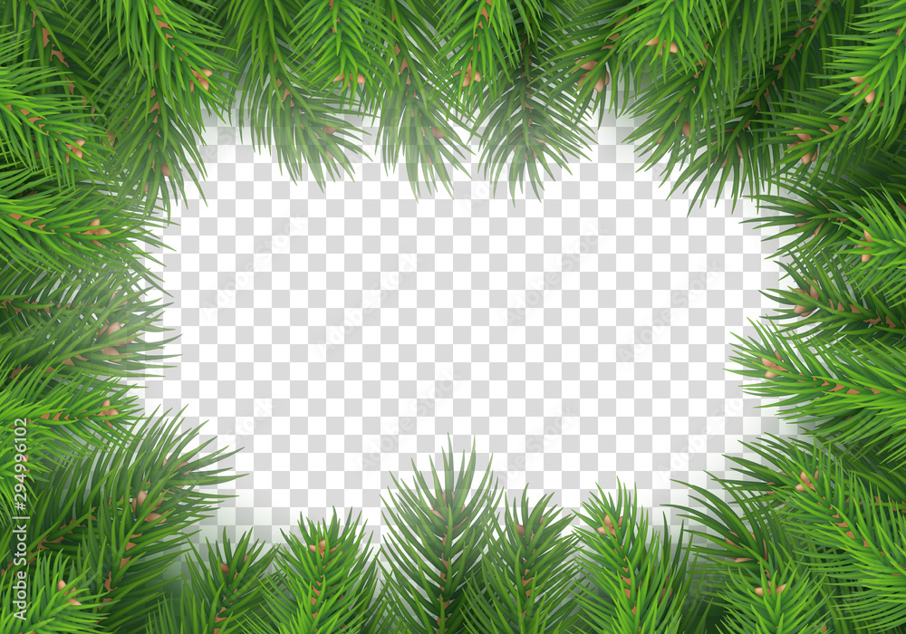 Creative layout made of realistic christmas tree branches. Merry Christmas card template with copy space for congratulation text. Green pine tree branches rectangular border vector illustration. Creative layout made of realistic christmas tree branches. Merry Christmas card template with copy space for congratulation text. Green pine tree branches rectangular border vector illustration.