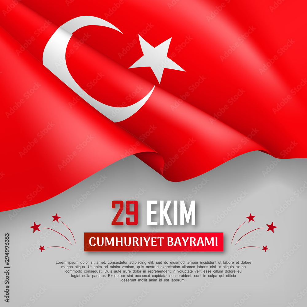 Happy turkish national day festive banner. 29 ekim Cumhuriyet Bayrami. Translation: 29 october, republic day of Turkey country. Background with realistic fluttering turkish flag vector illustration.