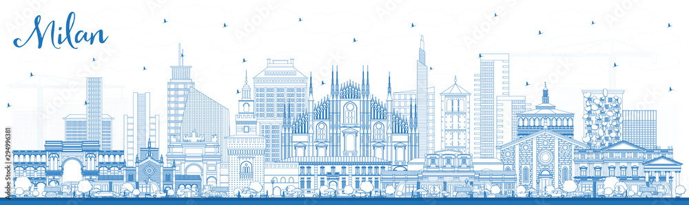 Outline Milan Italy City Skyline with Blue Buildings.