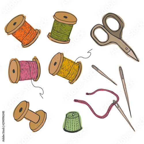 Threads, thimble scissors, needles.