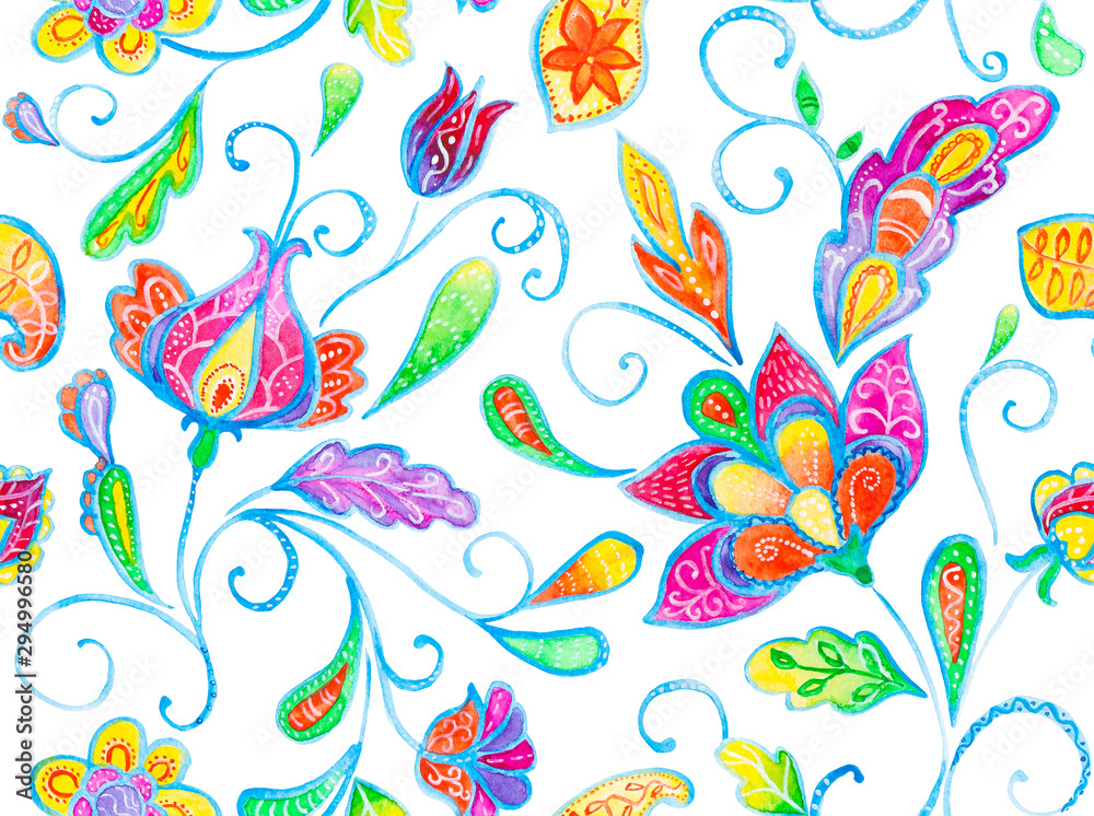 Hand drawn flower seamless pattern (tile). Colorful seamless pattern with rainbow whimsical flowers, paisley, buta, lotus. Watercolor seamless pattern for textile. Isolated objects on white background