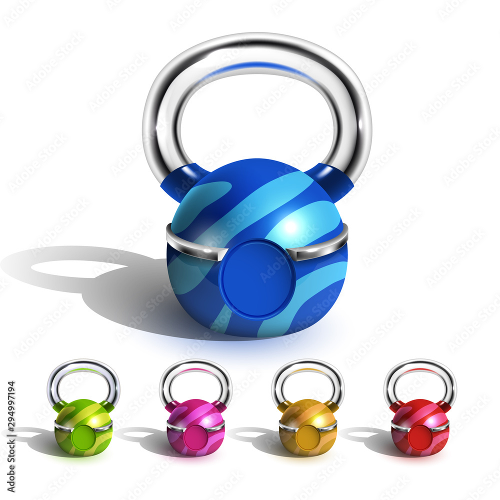 Kettlebell In Funny Multicolored Design Set Vector. Collection In Different Color And Chrome Plated Handle Steel Gym Equipment Kettlebell For Lifting Exercise. Realistic Stock Vector | Adobe Stock