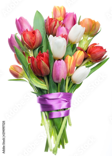 Leinwand Poster Colorful bouquet of tulips on white background.