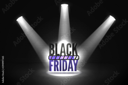 Black friday loading realistic vector banner template. Three spotlight rays illuminating seasonal mega sale offer. Big discounts anticipation with progress bar for stylish poster design