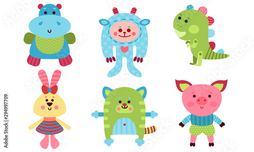 Six Cute Babies Animals Cartoon Characters Colorful Vector Illustration Set
