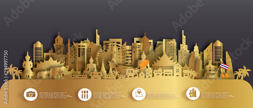 Panorama postcard of world famous landmarks of Thailand in paper cut style vector illustration photo