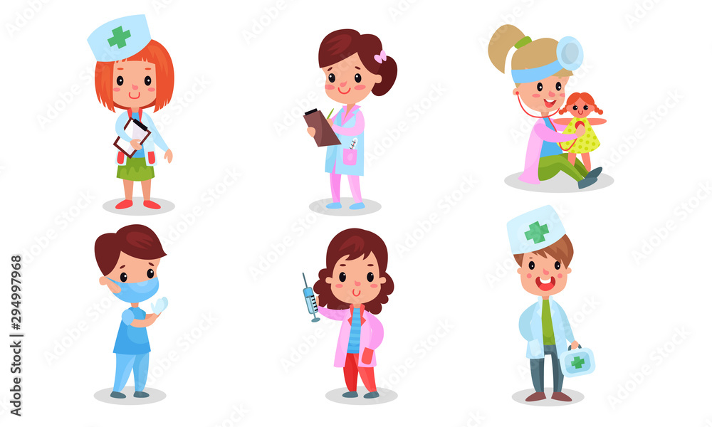 Surgeon, Pediatrician, Therapist, Nurse And Other Medical Professions Pictured By Kids In Costumes With A Green Cross In Vector Illustration Set