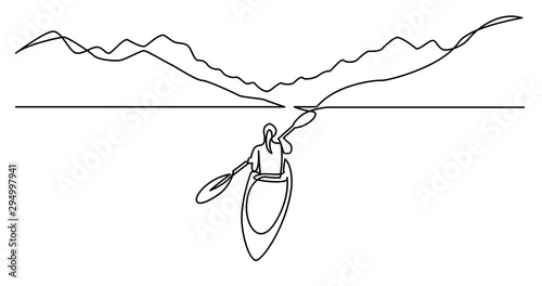continuous line drawing of woman kayaking on beautiful lake waters