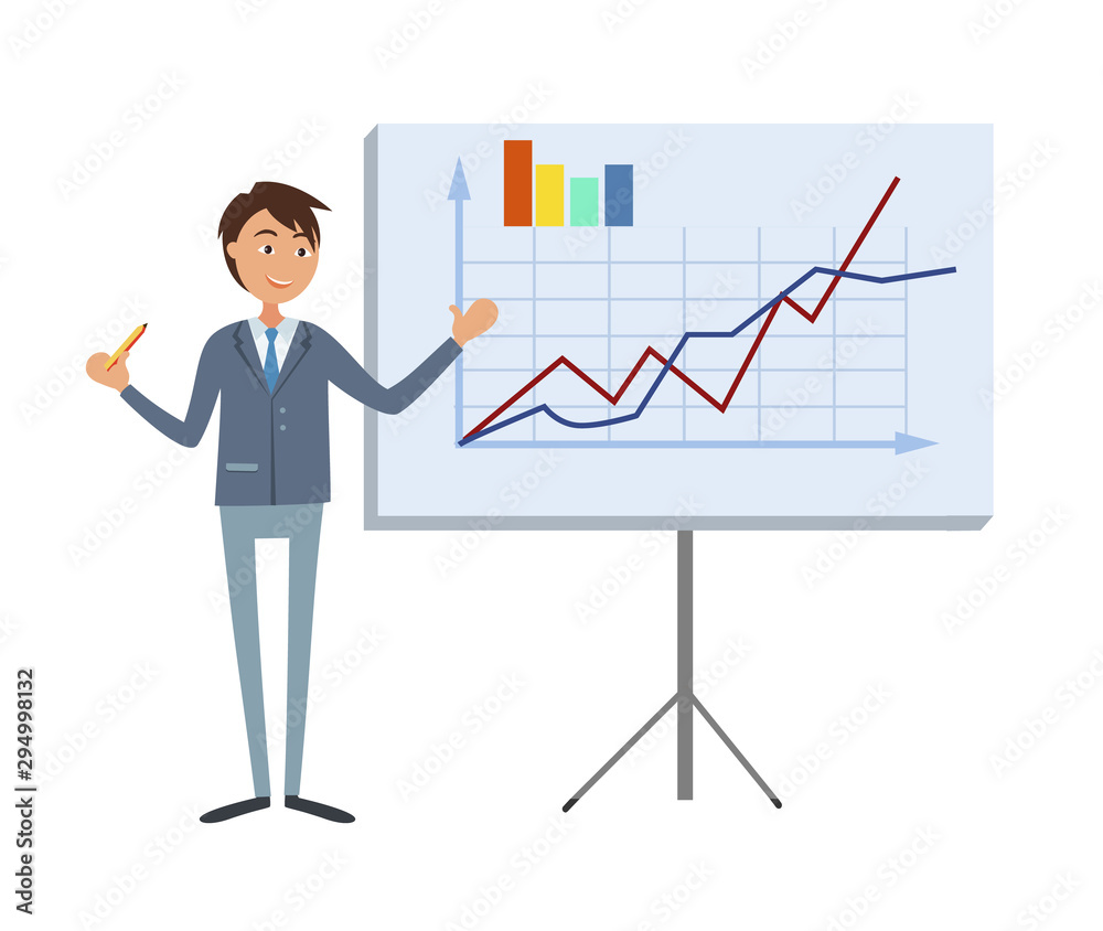 Financial analytic making presentation, man in expensive suit in cartoon style. Happy manager pointing on tripod board with growing charts and graphs Financial analytic making presentation, man in expensive suit in cartoon style. Happy manager pointing on tripod board with growing charts and graphs