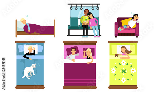 People Sleeping In Different Poses And Places Vector Illustration Set Isolated On White Background