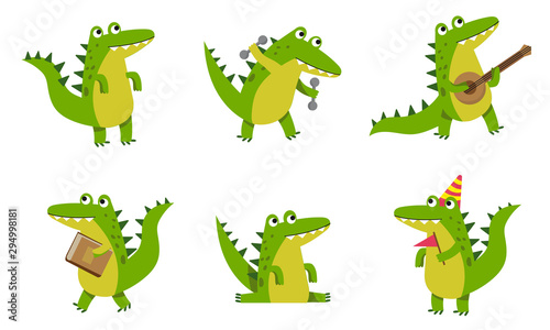 Alligators With Different Emotions In Various Poses Vector Illustrations Cartoon Character