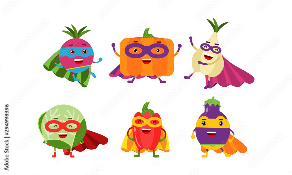 Obraz premium Cute Animated Vegetables In Different Poses Cartoon Character Vector Illustration