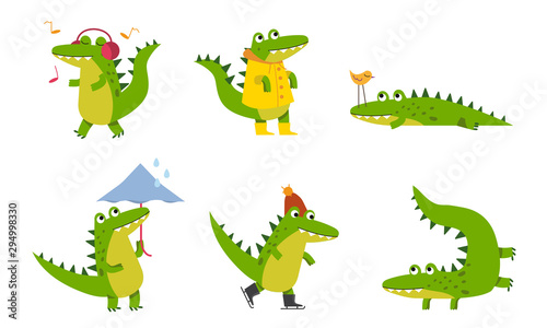 Big Green Crocodiles With Different Emotions In Various Poses Vector Illustrations Cartoon Character