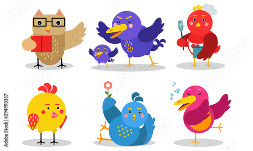 Different Kinds And Colors Of Baby Birds In Action Vector Illustrations Set Cartoon Character