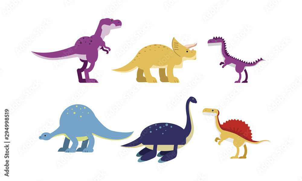 Ancient Big Dinosaurus Of Different Kind And Color Vector Illustrations Set Cartoon Character