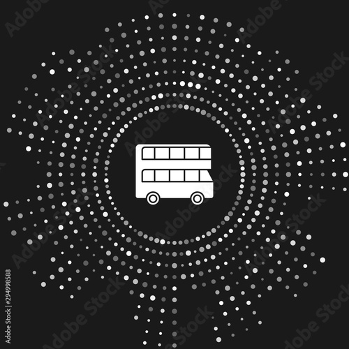 White Double decker bus icon isolated on grey background. London classic passenger bus. Public transportation symbol. Abstract circle random dots. Vector Illustration