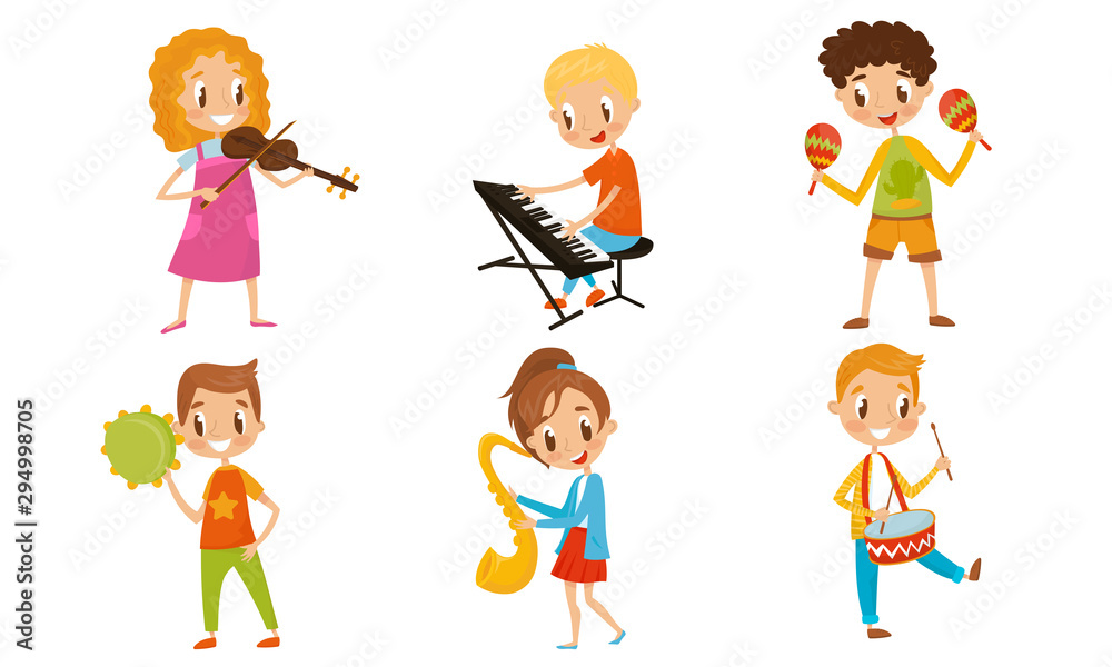 Kid Characters Playing Different Musical Instruments. Boy Playing Drums And Piano. Kid Characters Playing Different Musical Instruments. Boy Playing Drums And Piano.