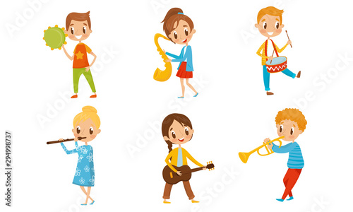 Kid Characters Playing Different Musical Instruments. Boy Playing Drums And Piano. © Happypictures