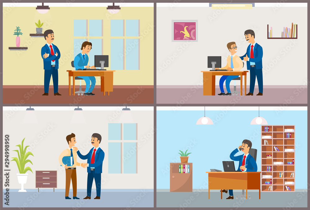 Work in office daily routine, boss and employee. Worker control and good job, working task and phone negotiations, interior vector illustrations. Work in office daily routine, boss and employee. Worker control and good job, working task and phone negotiations, interior vector illustrations.