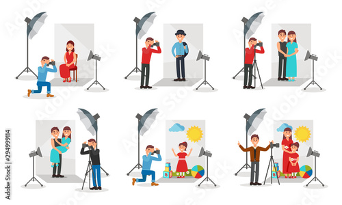 Photographer With Camera Photographing People Vector Illustration