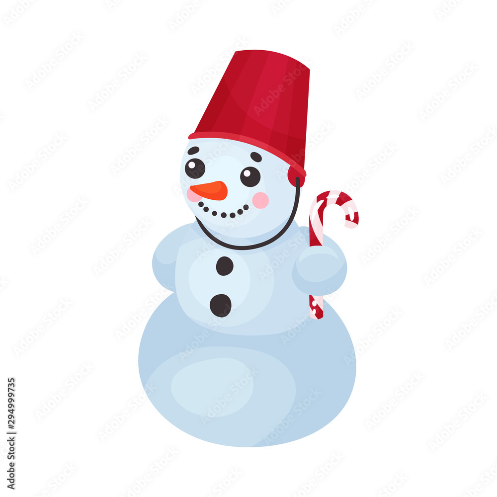 Funny Cartoon Snowman With Carrot Nose And Bright Red Bucket Funny Cartoon Snowman With Carrot Nose And Bright Red Bucket