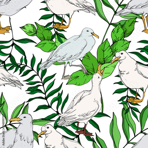 Vector Sky bird seagull in a wildlife. Black and white engraved ink art. Seamless background pattern.
