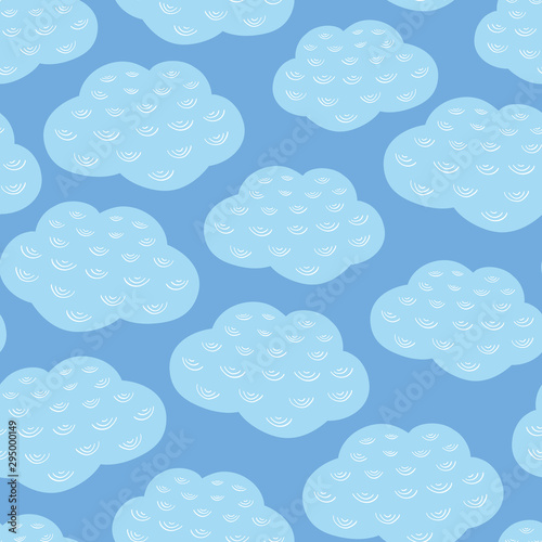 Vector seamless repeat pattern of blue and white clouds and sky. Weather background design.