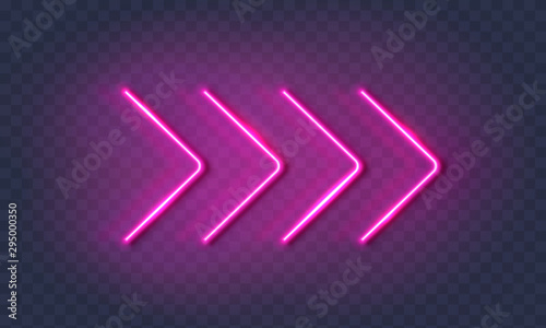 Neon arrow lamp wall sign isolated on transparent background. Vector pink power glowing bulb banner, light line element.