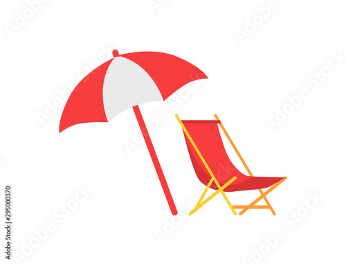 Umbrella and deck chair isolated icons set vector. Lounge sunlounger and parasol, umbel making shadow. Gingham protection from day sunlight, at beach
