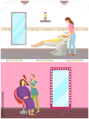 Hair styling hairdresser washing head of woman client vector. New hairstyle changing of color and haircut, dryer in hand of skillful expert service